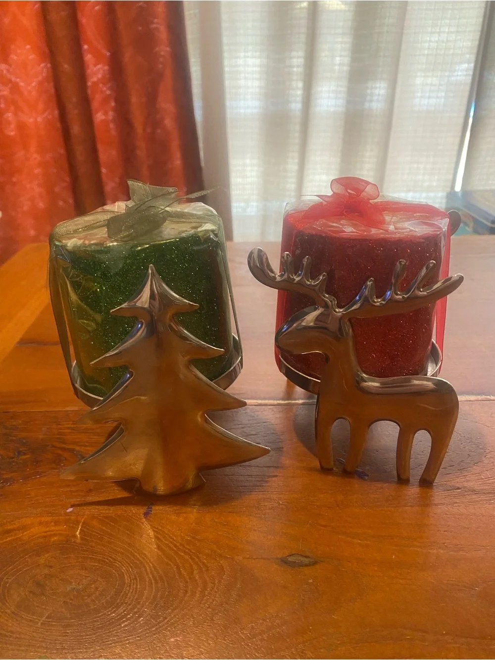 Kohl's Aluminum Reindeer and Tree Candle Holders with Red and Green Glitter